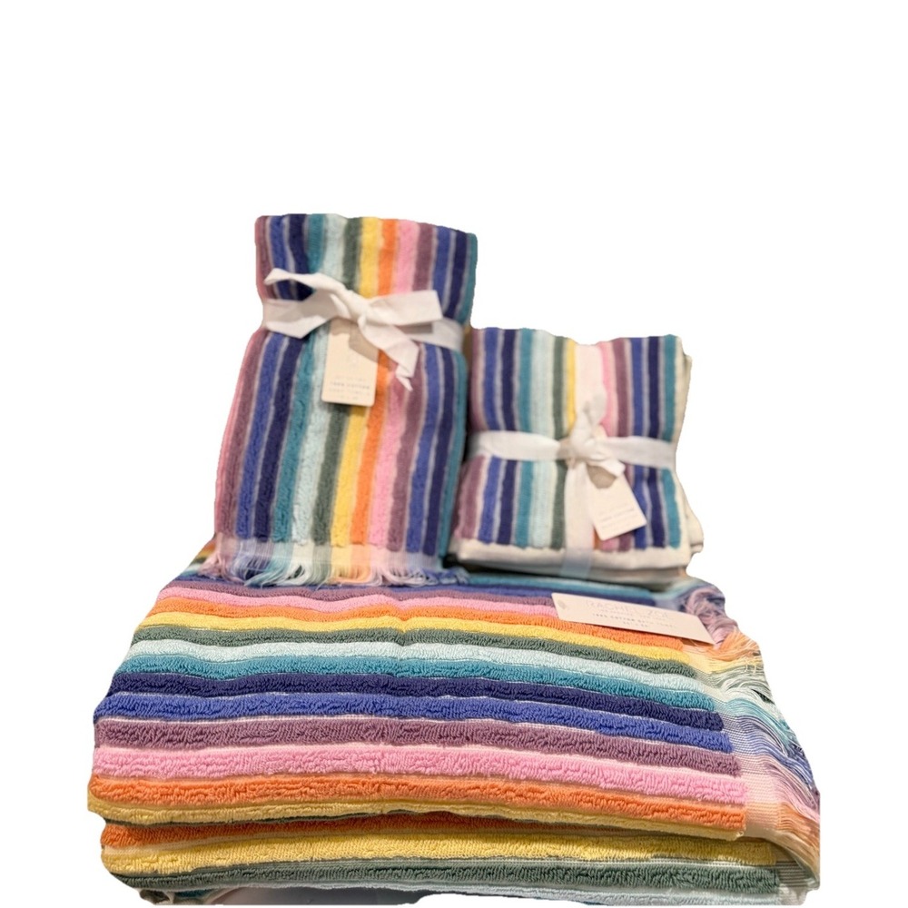 8pc Rachel Zoe RAINBOW STRIPES 2 Bath 2 Hand 4 Washcloth Towel Set 100% Cotton